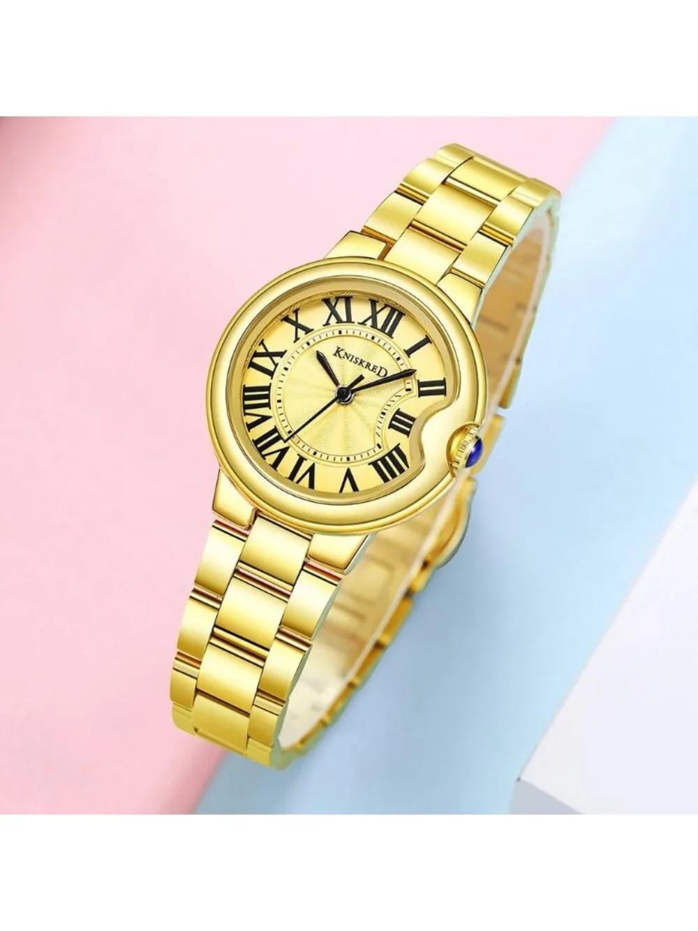 Women's Gold Roman Numerals Classic Solid Vintage  Stainless Steel Band Watch